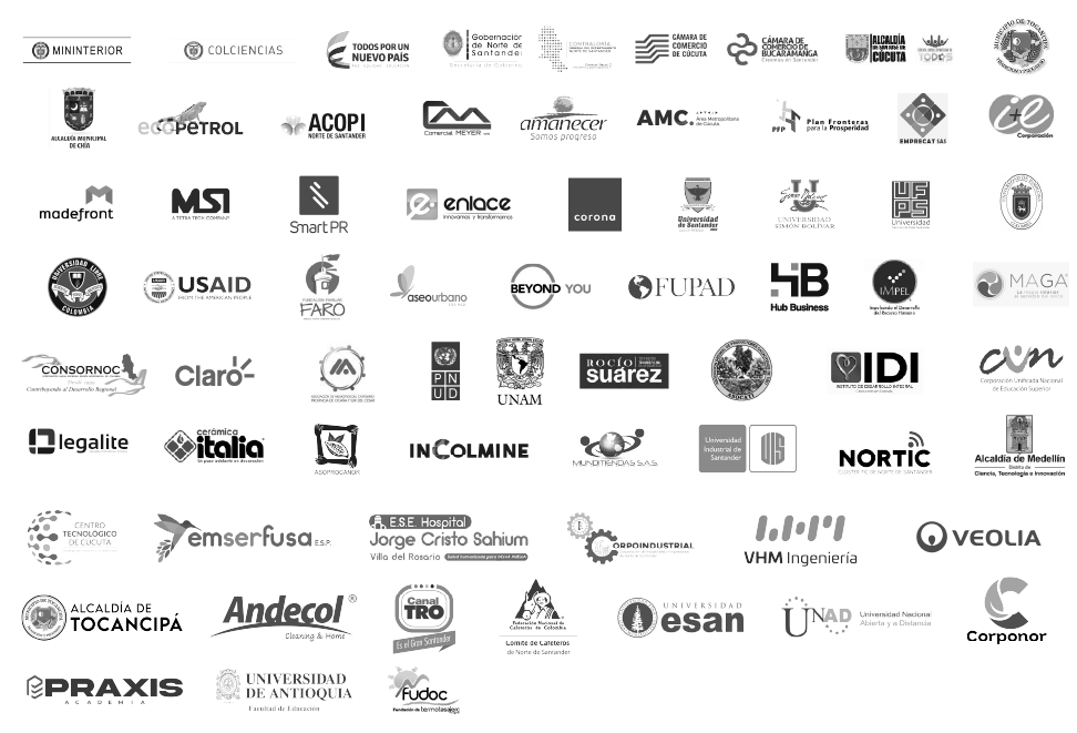 Logos de empresas e instituciones que han confiado en José Luis Ramírez, entre ellas Ecopetrol, USAID, PNUD, Claro, Corona y varias universidades